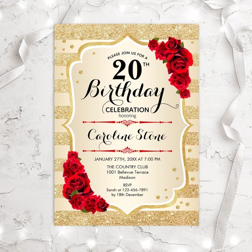 20th Birthday _ Gold Stripes Roses Invitation