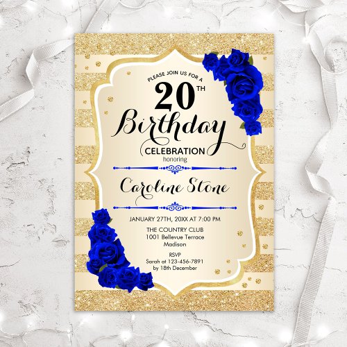 20th Birthday _ Gold Stripes Royal Blue Roses Invitation