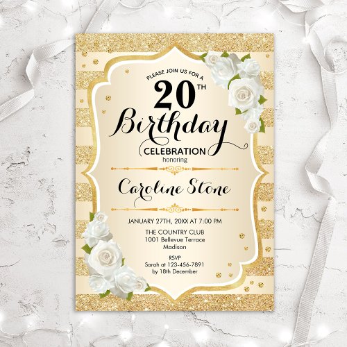 20th Birthday _ Gold Stripes White Roses Invitation