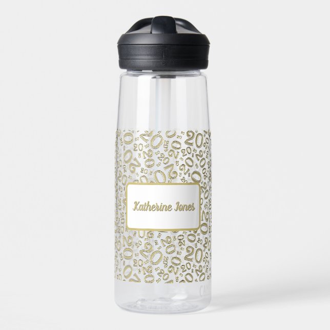 20th Birthday Gold & White Random Number Pattern Water Bottle (Front)