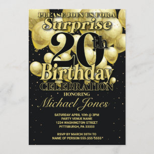 20th Birthday Golden Balloons Invitation