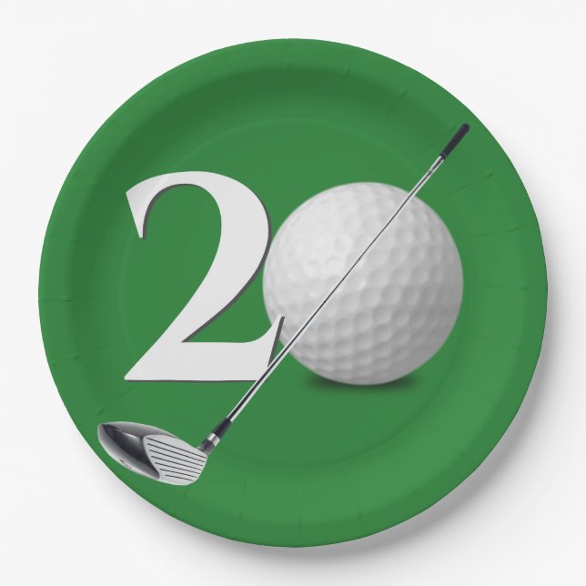 20th Birthday Golf Ball and Club On Green Paper Plates (Front)