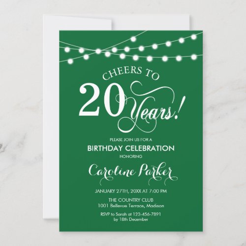 20th Birthday _ Green White Invitation