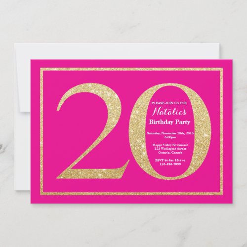 20th Birthday Hot Pink and Gold Glitter Invitation