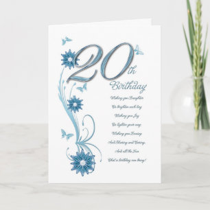 20th birthday in teal with flowers and butterfly card