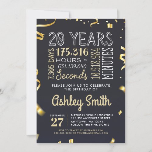 20th Birthday Invitation _ 20 Years Hours Seconds