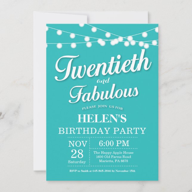 20th Birthday Invitation Aqua Turquoise Fabulous (Front)