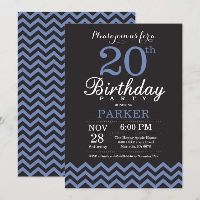 20th Birthday Invitation Black and Blue (Front/Back)