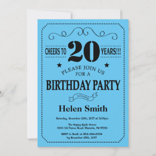 20th Birthday Invitation Black and Blue