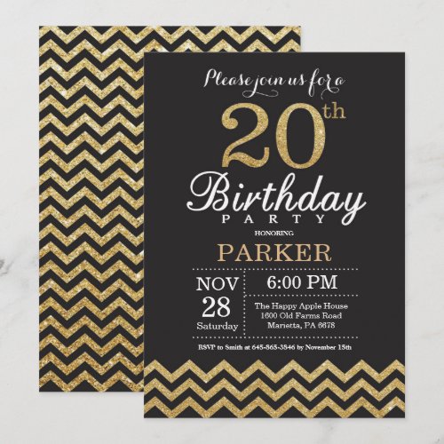20th Birthday Invitation Black and Gold Glitter