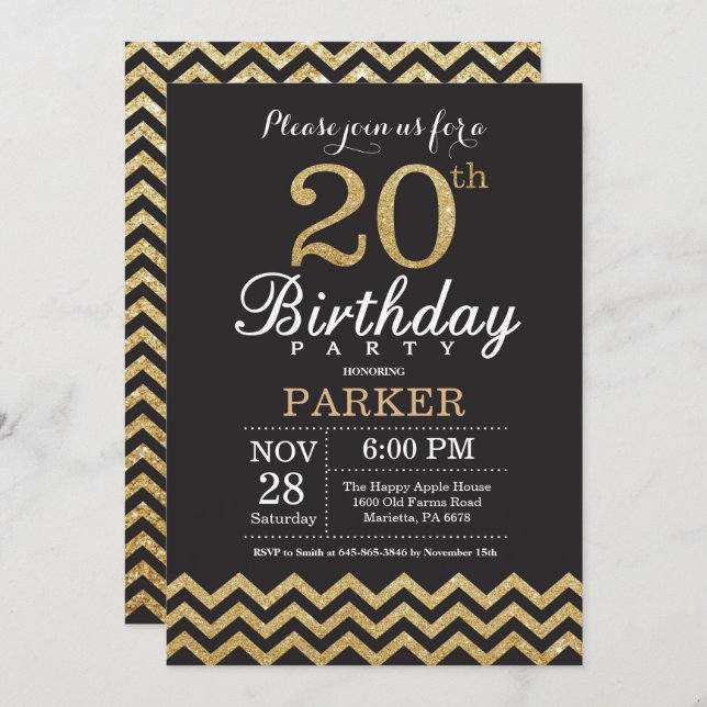 20th Birthday Invitation Black and Gold Glitter (Front/Back)
