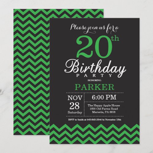 20th Birthday Invitation Black and Green Chevron