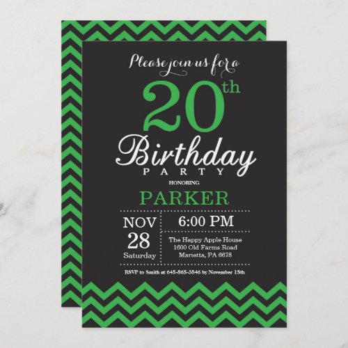 20th Birthday Invitation Black and Green Chevron