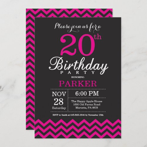 20th Birthday Invitation Black and Hot Pink