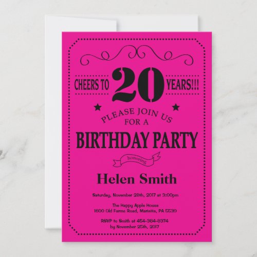 20th Birthday Invitation Black and Hot Pink