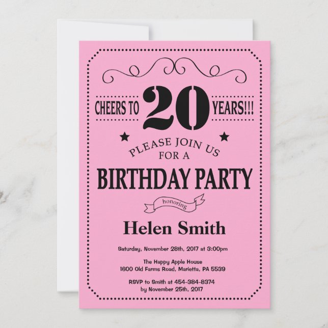 20th Birthday Invitation Black and Pink (Front)