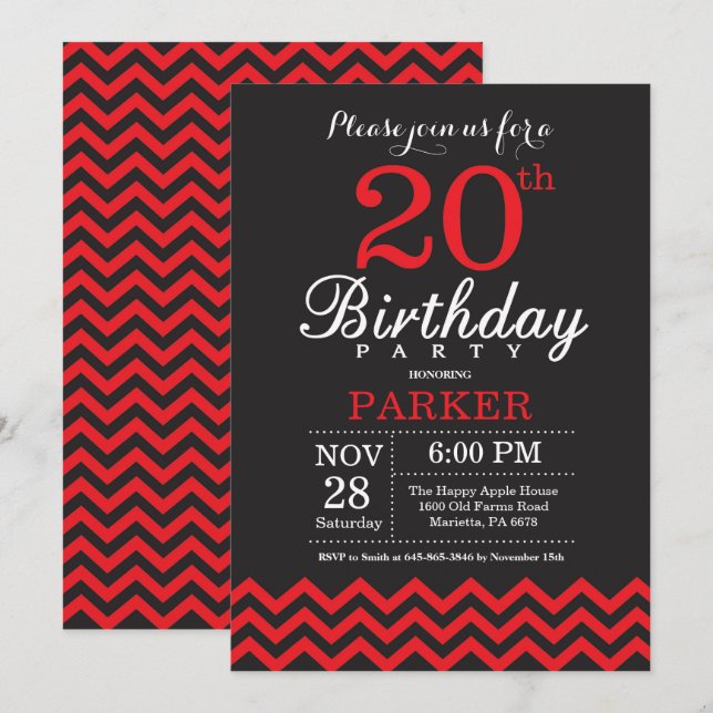20th Birthday Invitation Black and Red (Front/Back)