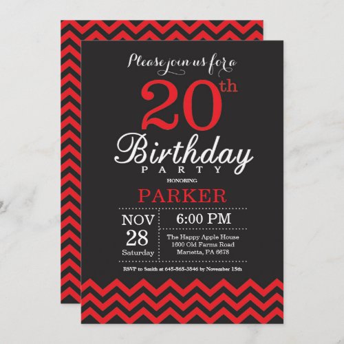 20th Birthday Invitation Black and Red