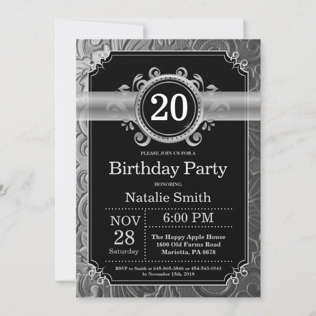 20th Birthday Invitation Black and Silver Glitter (Front)