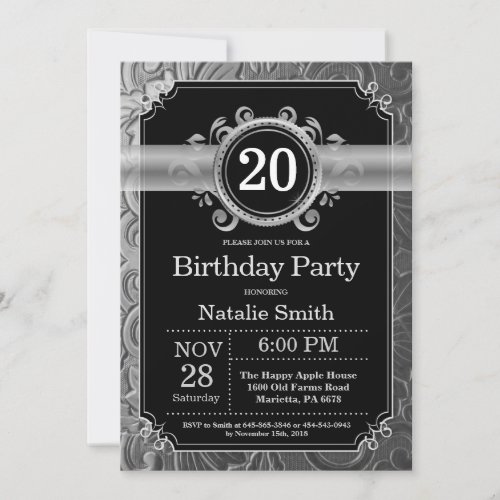 20th Birthday Invitation Black and Silver Glitter