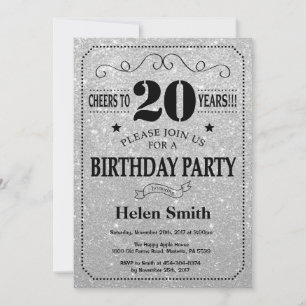 20th Birthday Invitation Black and Silver Glitter