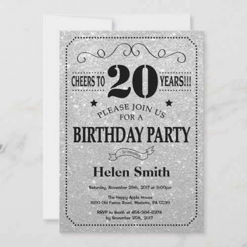 20th Birthday Invitation Black and Silver Glitter