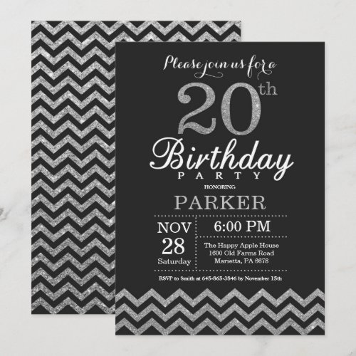 20th Birthday Invitation Black and Silver Glitter