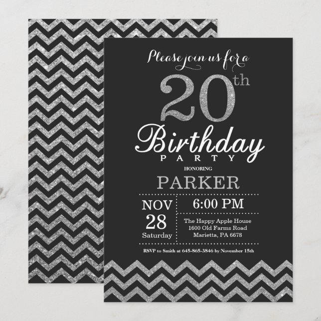 20th Birthday Invitation Black and Silver Glitter (Front/Back)