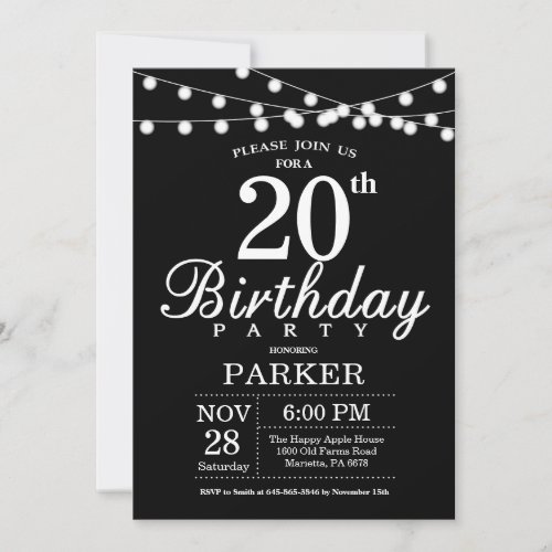 20th Birthday Invitation Black and White