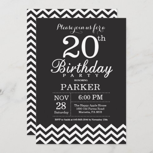 20th Birthday Invitation Black and White Chevron