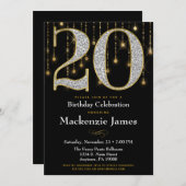 20th Birthday Invitation Black Gold Diamonds Adult (Front/Back)