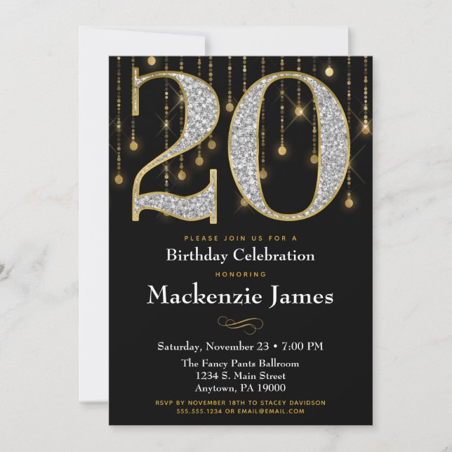20th Birthday Invitation Black Gold Diamonds Adult (Front)