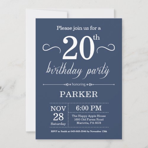 20th Birthday Invitation Blue
