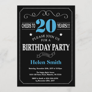 20th Birthday Invitation Blue and Black Chalkboard