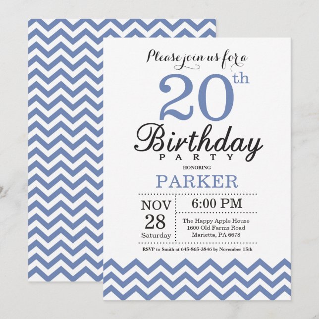 20th Birthday Invitation Blue Chevron (Front/Back)