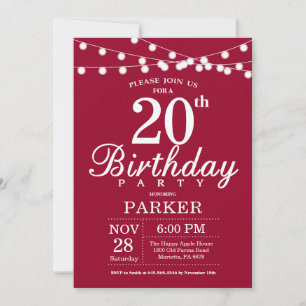 20th Birthday Invitation Burgundy Red