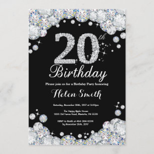 20th Birthday Invitation Chalkboard Silver Diamond