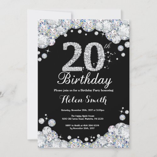 20th Birthday Invitation Chalkboard Silver Diamond