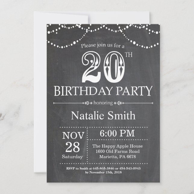 20th Birthday Invitation Chalkboard String Lights (Front)
