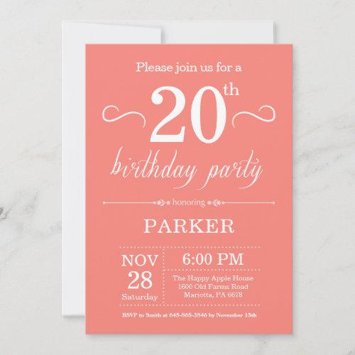 20th Birthday Invitation Coral