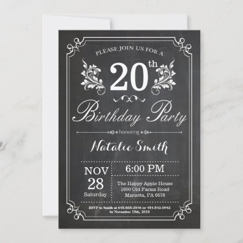 20th Birthday Invitation Floral Chalkboard