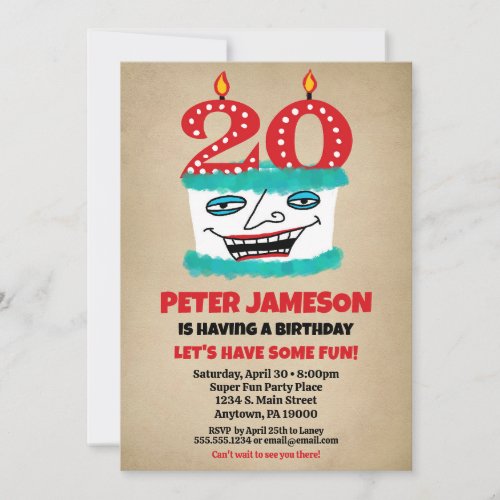 20th Birthday Invitation Funny Cake Casual Mens
