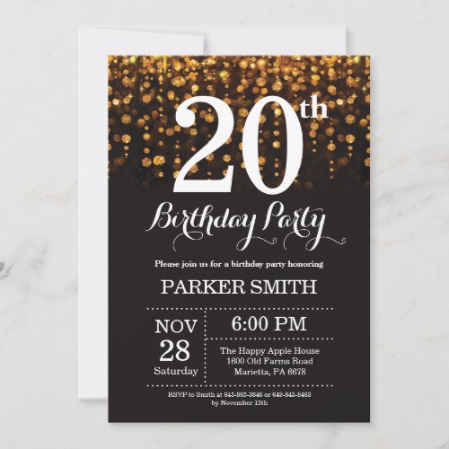20th Birthday Invitation Gold Glitter