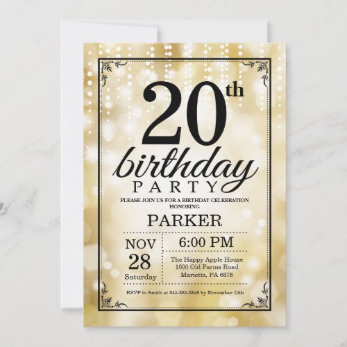 20th Birthday Invitation Gold Glitter