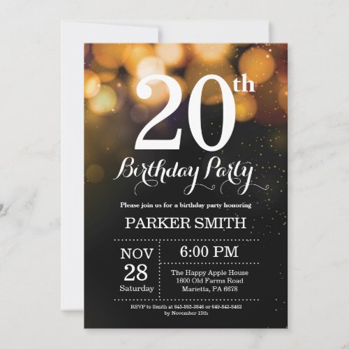 20th Birthday Invitation Gold Glitter