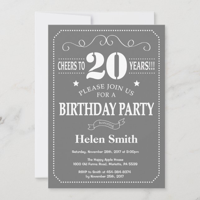20th Birthday Invitation Gray and White (Front)