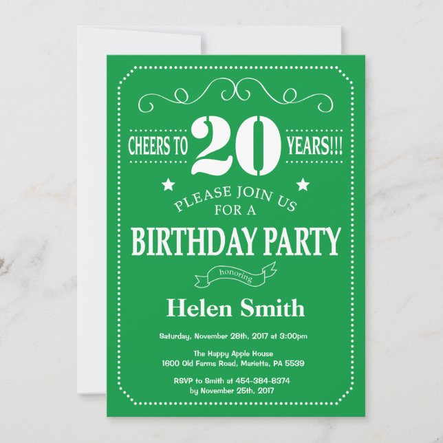 20th Birthday Invitation Green and White (Front)