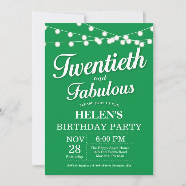 20th Birthday Invitation Green Fabulous (Front)