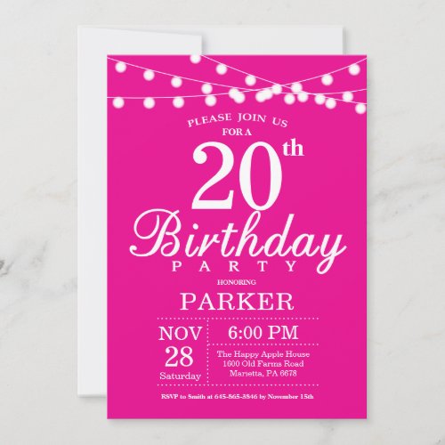 20th Birthday Invitation Hot Pink