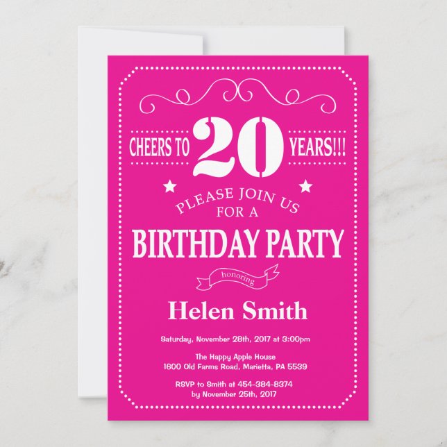 20th Birthday Invitation Hot Pink and White (Front)